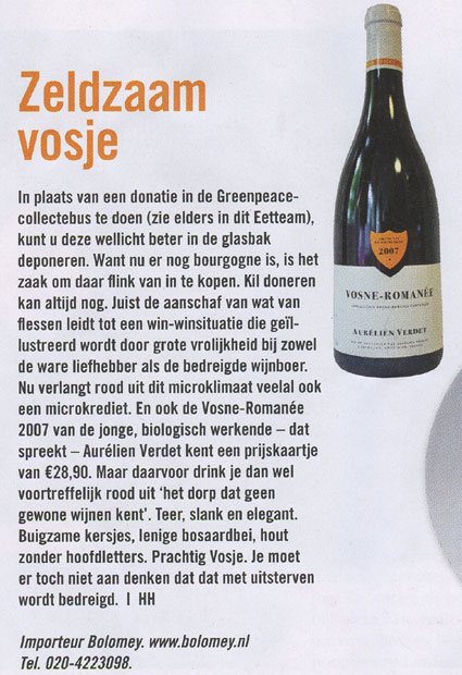 Aurélien Verdet's Vosne-Romanée 2007 in HP/De Tijd