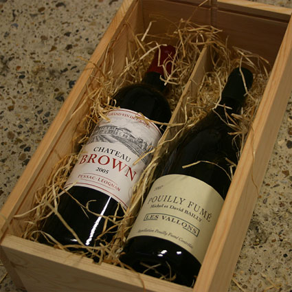 gift example: wooden box with 2 bottles of fine wine